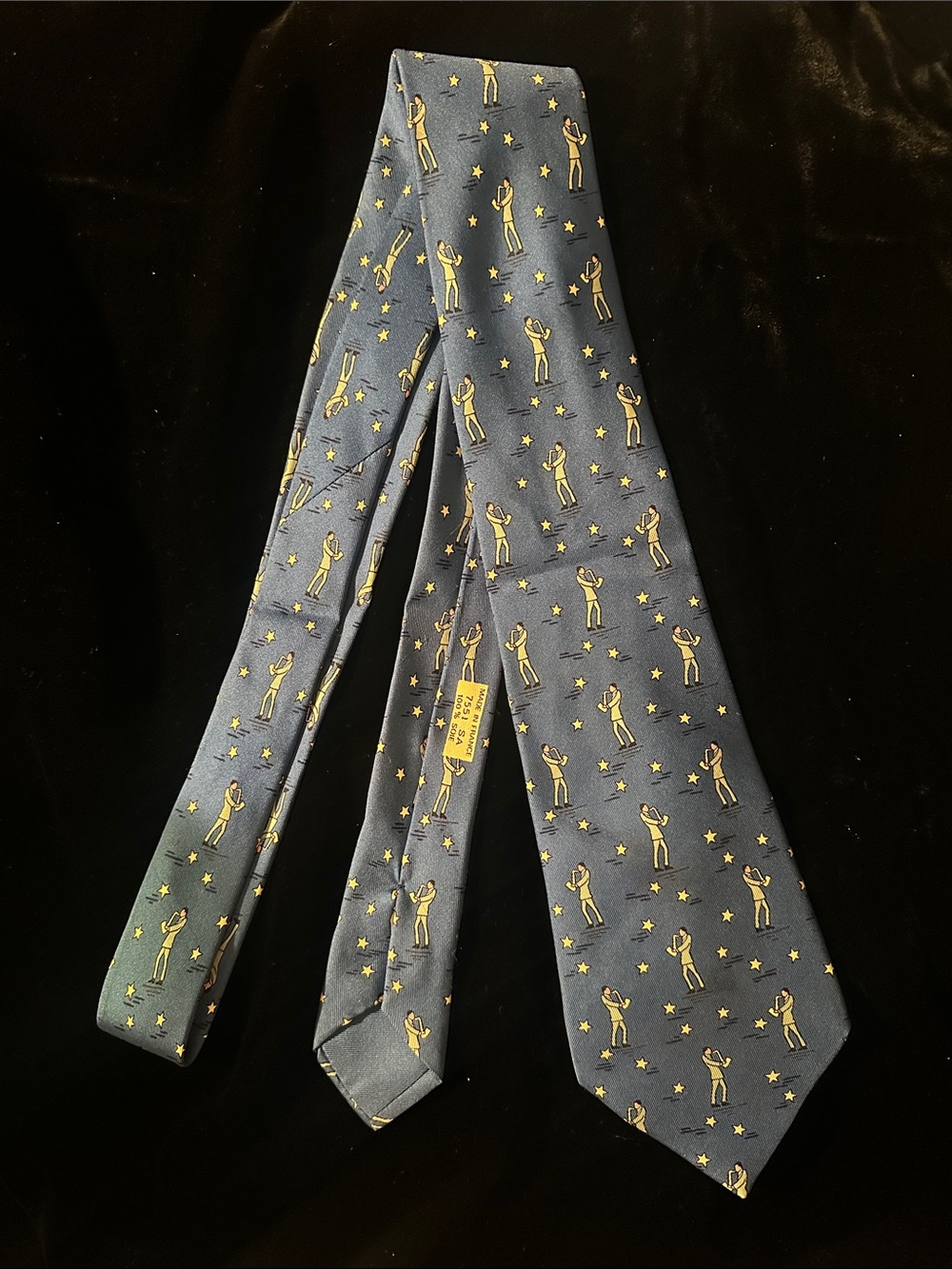 Hermes Navy Silk Tie with Yellow Golfer Motif